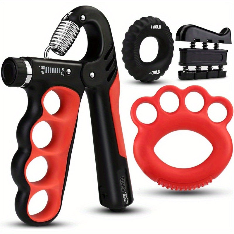 4pcs Grip Strength Trainer Kit - 11-220lbs Adjustable Forearm Gripper, Finger Exerciser & Wrist Strengthener for Men, Ergonomic Design with Red & Black Handles, Durable Non-Woven Material, Ideal for Hand & Wrist Rehabilitation, Hand Strength